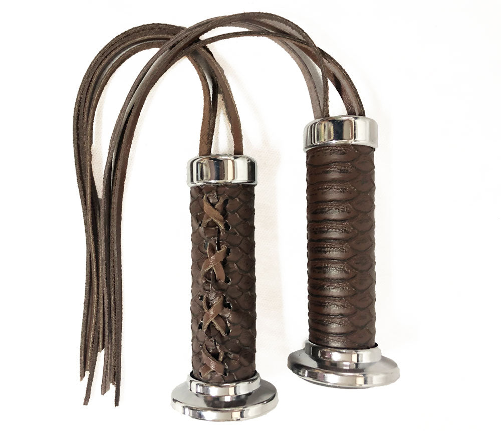 Custom Chopper Leather Gauntlet with Fringes and Chrome Tips - Brown - Universal Model