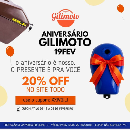 Aniversário GILIMOTO com cupom de desconto