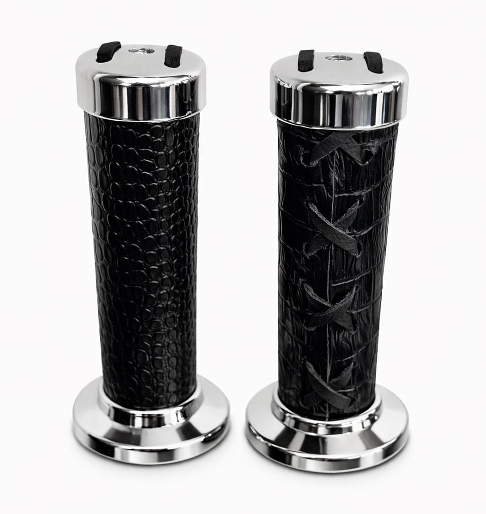 Manopla Custom Chopper Couro sem Franjas e Ponteiras Cromadas - Preta - Modelo Universal